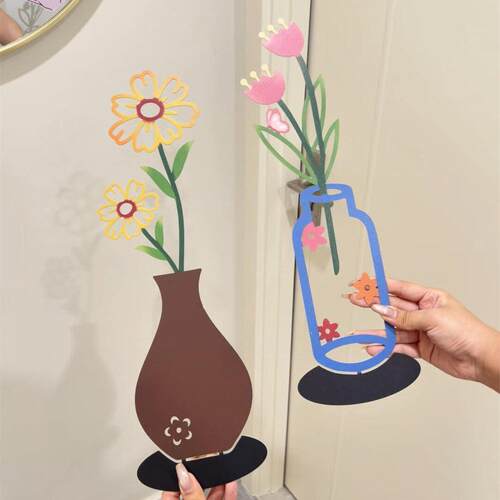 2d平面彩印花瓶摆件客厅玄关电视柜装饰品假花郁金香花插墙壁剪影