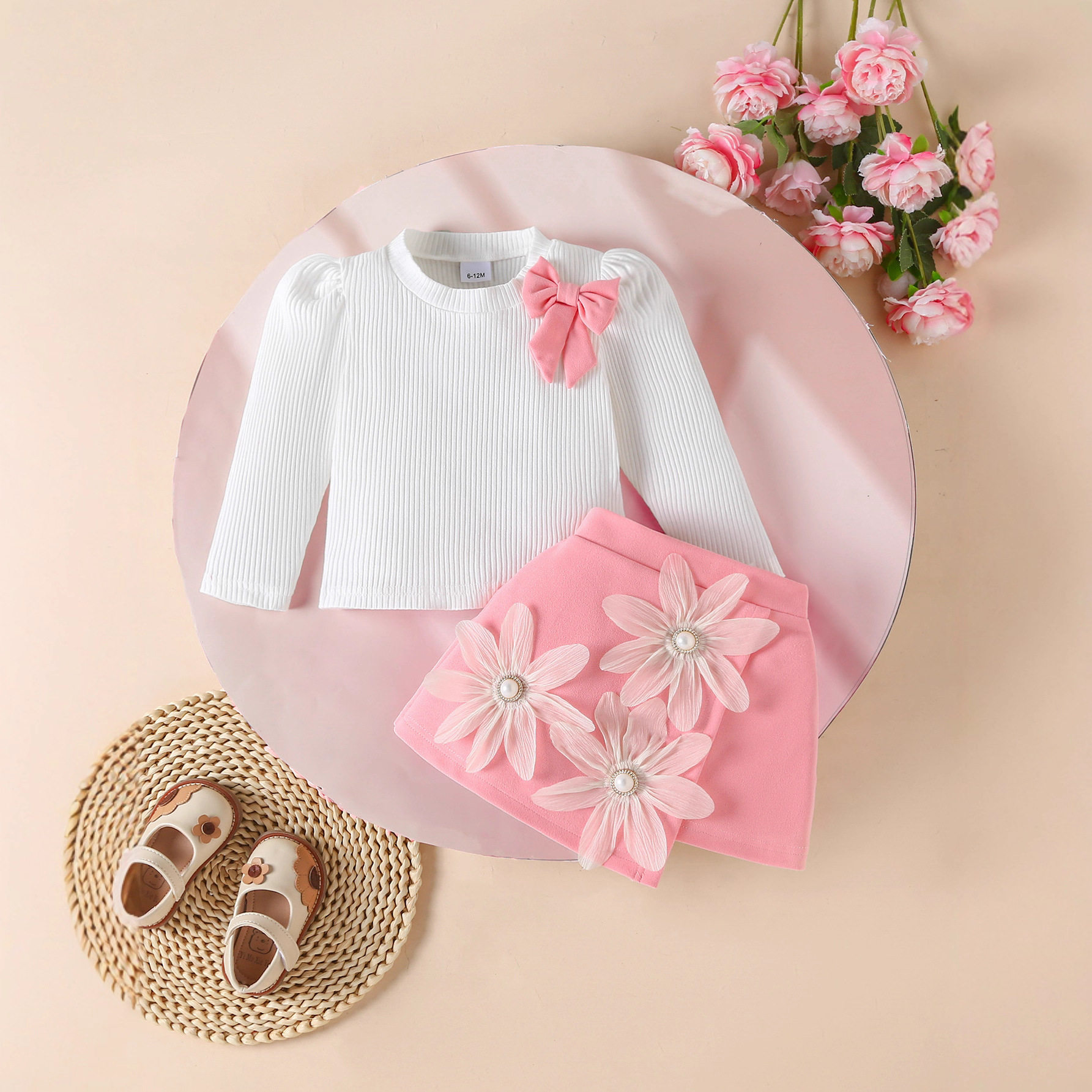 2025秋冬新款韩版女童圆领蝴蝶结鸡腿袖裙贴花套装2件套套装