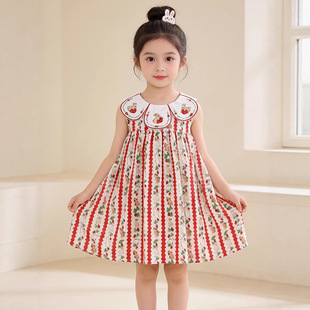 2026女童夏季连衣裙红白条纹小兔刺绣娃娃领无袖棉质透气公主裙