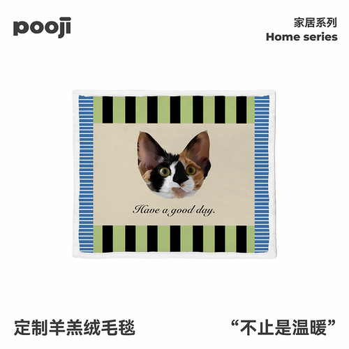 POOJI宠物定制羊羔绒毛毯三花猫头像绿黑竖条版沙发盖毯宠物纪念