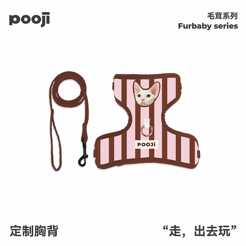 POOJI宠物定制胸背牵引绳白猫头像粉棕条纹猫咪外出散步来图定制