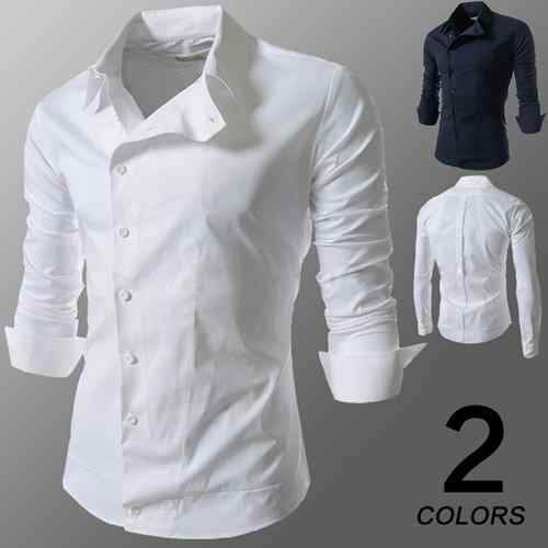 男士韩版休闲纯白红色斜扣个工装长袖衬衫男men shirt shirts