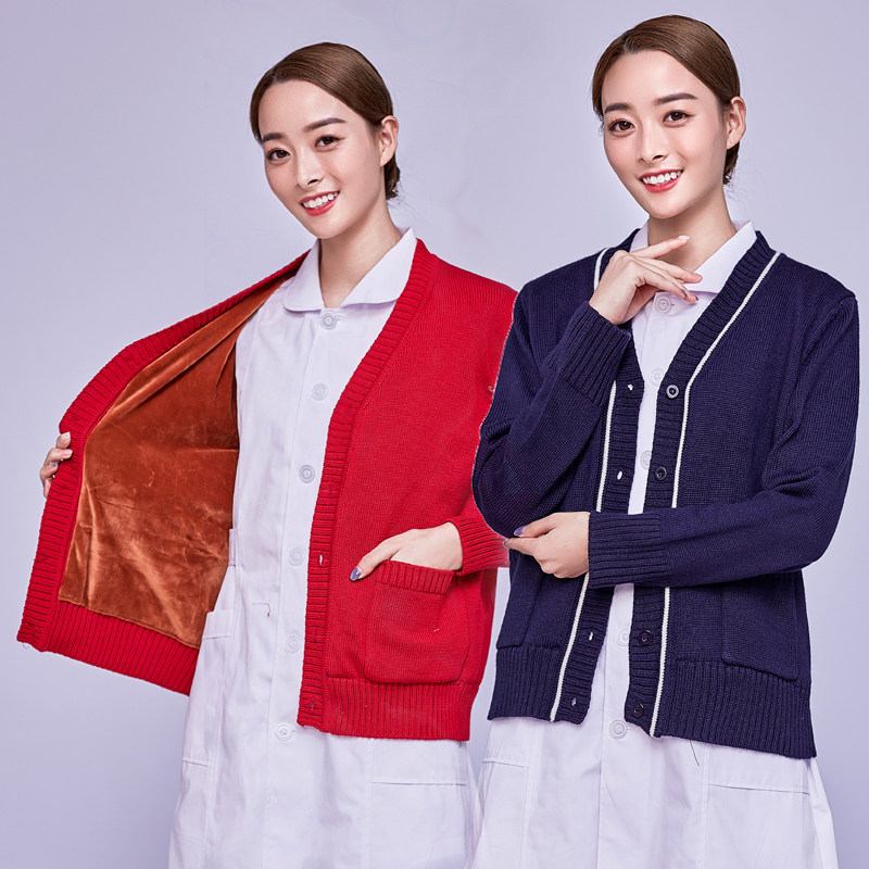 护士毛衣女针织衫秋冬季保暖加绒加厚护士服医生服藏蓝色开衫外套