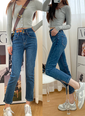 2025春季新款蓝色小个子烟管裤高腰弹力显腿直裤脚开叉直筒牛仔裤