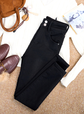 韩女纯黑色加绒丰胯紧身小脚牛仔裤女高腰显瘦高弹力长裤铅笔裤子