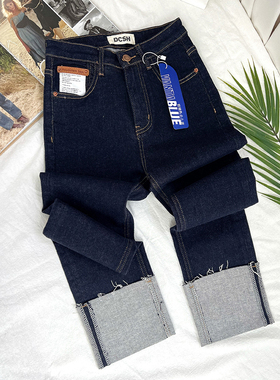 太显腿直不掉色深蓝色加薄绒牛仔裤女冬卷边小个子九分直筒烟管裤