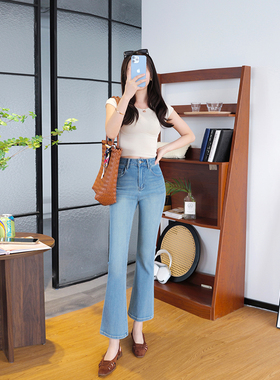 高腰提臀蓝色显瘦微喇牛仔春季新品小个子修身喇叭裤