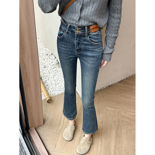 加绒喇叭牛仔九分小个子显瘦微喇裤 新品 高腰收腹提臀冬季 两粒扣