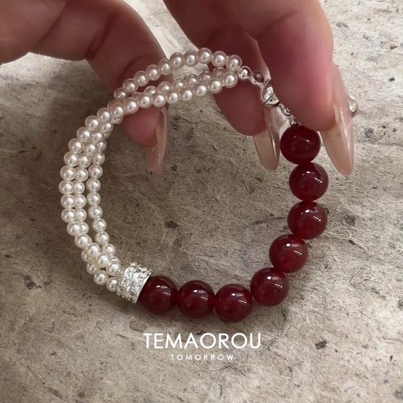 复古新中式天然朱砂红色玛瑙施家珍珠手链女磁吸头手串轻奢高级感