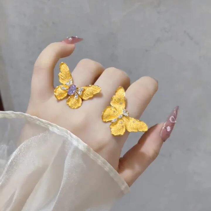 新款超仙大金色蝴蝶戒指