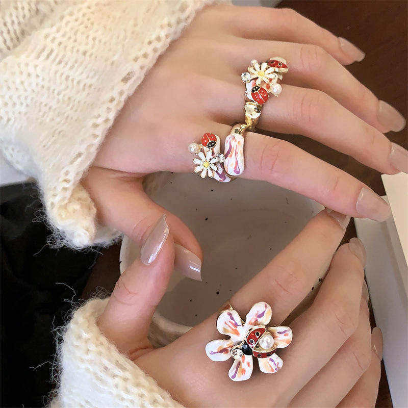 新款 多巴胺手工珐琅滴油雏菊花戒指欧美个性甲虫花朵开口指环