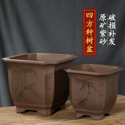 紫砂简约陶瓷四方种树花盆