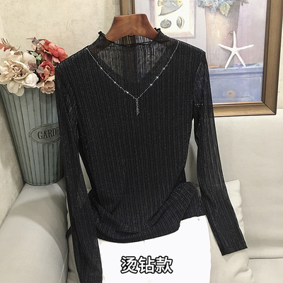 黑色亮丝打底衫女新款半高领蕾丝