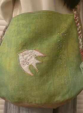 2026新款扎染双面飞鸟刺绣帆布袋复古文艺绿色百搭单肩斜挎通勤包