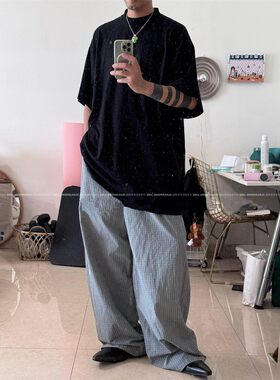 「格子裤」VANA ILUSION 灰色细格纹阔腿休闲裤男女格子长裤潮