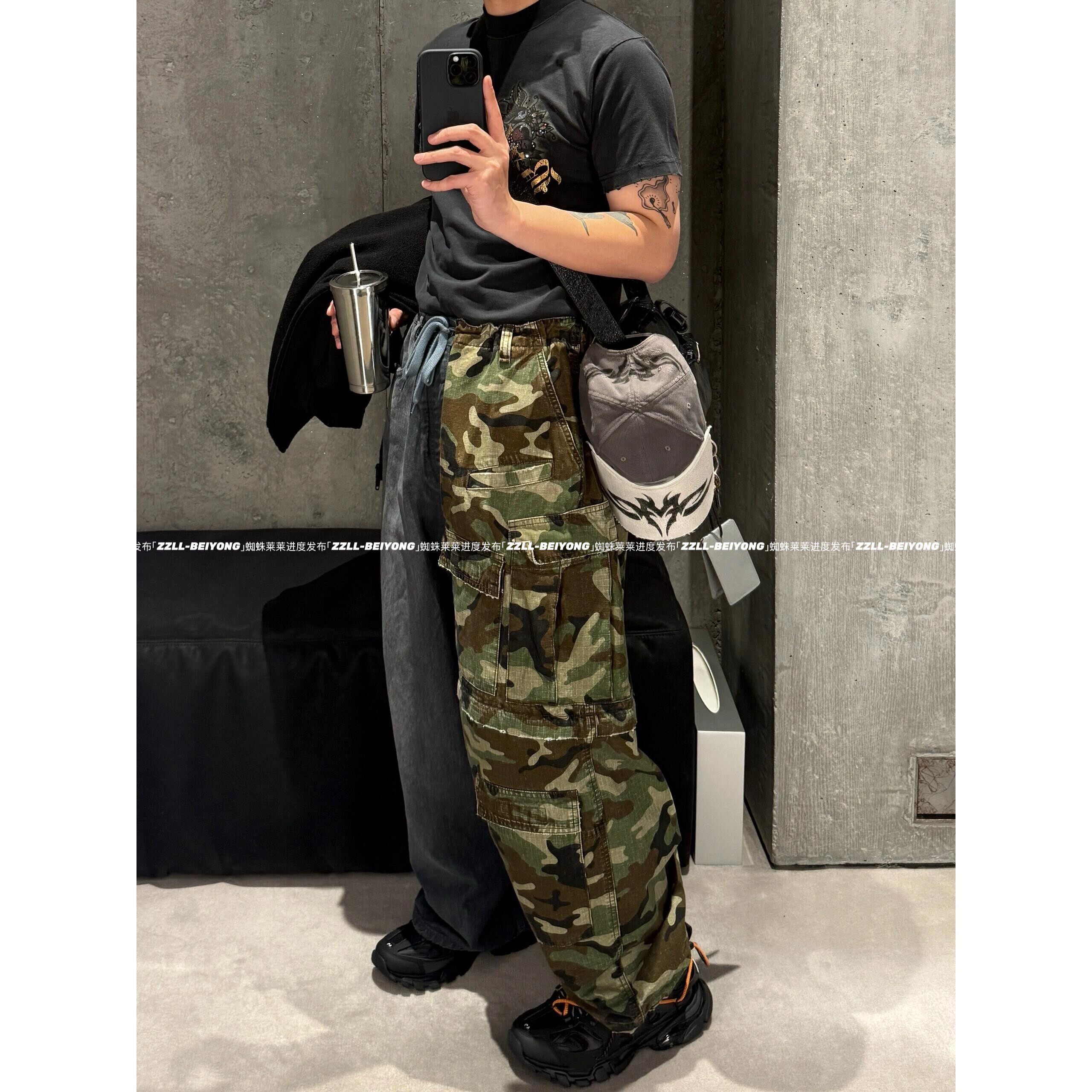 「疯狂双拼」VANA ILUSION 迷彩多口袋牛仔裤男女长裤情侣Cargo潮