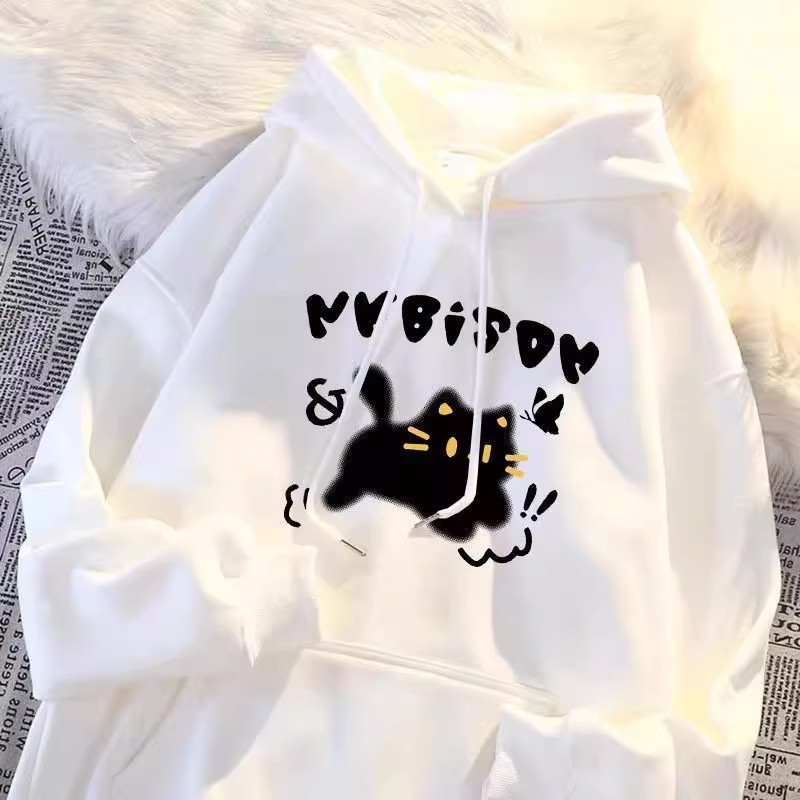 韩版猫咪印花薄款连帽卫衣女春秋冬大码300斤加绒卡通宽松外套衫