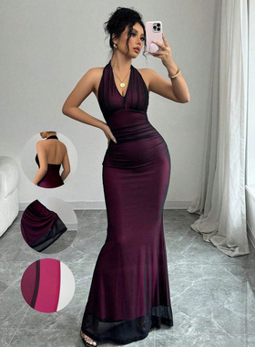 跨境欧美外贸亚马逊2025夏季新款女装性感挂脖网纱纯欲无袖连衣裙