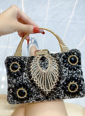 名媛重工镶钻晚宴包黑色宝石镶钻手提包女珍珠水钻包手提包旗袍女