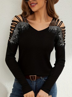 Women's lace rhinestone long-sleeved T-shirt 花边烫钻长袖T恤