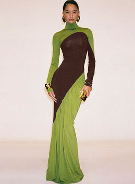 欧美风2025秋季亚马逊新款时尚创意街头潮人拼色高腰修身连衣裙女