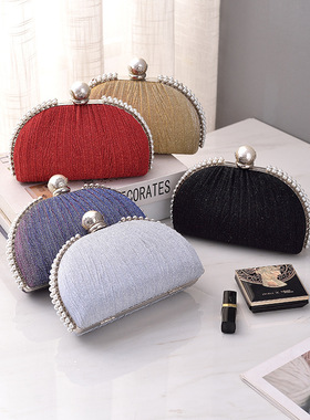 新款珍珠晚宴包跨境黑色褶皱晚装包高级感百搭手拿包跨境电商