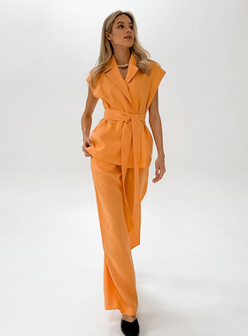 欧美通勤橙色无袖系带衬衫长裤两件套女2024夏季新款休闲棉麻套装