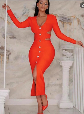 2023外贸热卖绷带Bandage dress法式复古镂空修身欧美女装连衣裙