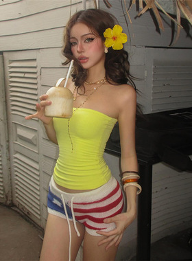 2025跨境欧美风夏季新款纯色修身裹胸背心高腰绑带条纹短裤套装女