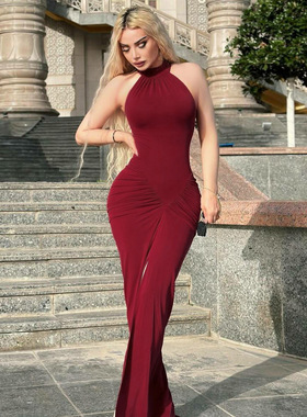 亚马逊热销女装2025夏季新款时尚气质后背拉链褶皱无袖连衣裙