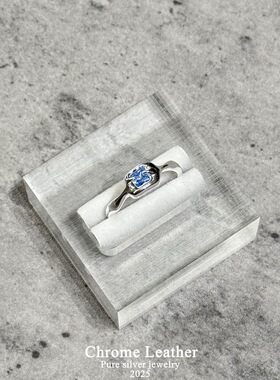 Chrome Leather小众设计高级感海蓝锆石戒指S925银开口个性指环女