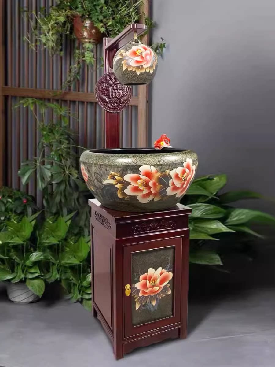 复古秋荷景德镇陶瓷金鱼缸落地圆形循环过滤金鱼缸客厅家用榆木柜