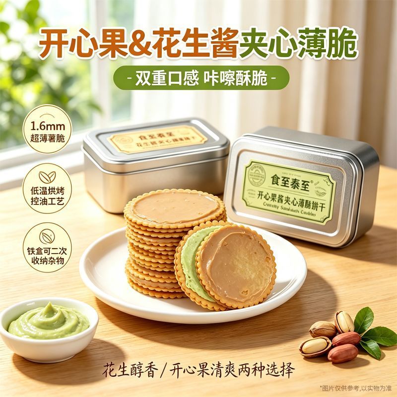 花生酱夹心薄饼超薄马铃薯饼干开心果酱网红零食独立包装零食铁盒