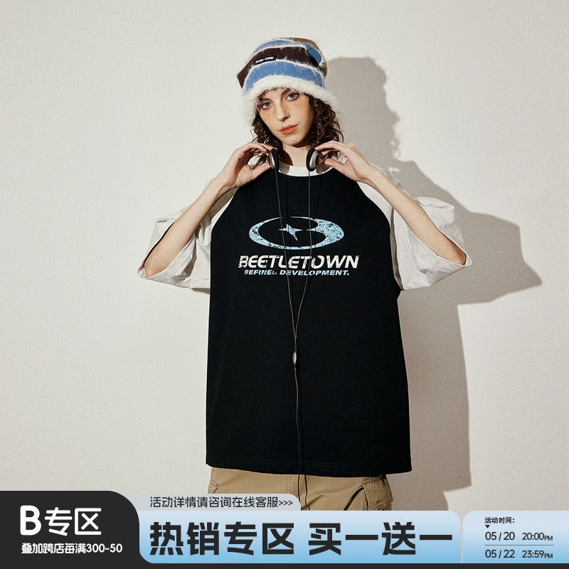 BEETLE TOWN撞色插肩短袖T恤美式复古上衣夏季半袖潮牌女上衣情侣 女装/女士精品 T恤 原图主图