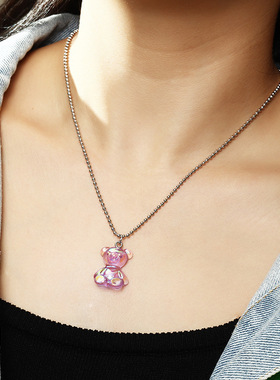 跨境欧美时尚饰品 个性圆珠链条甜美幻彩树脂小熊吊坠项链气质