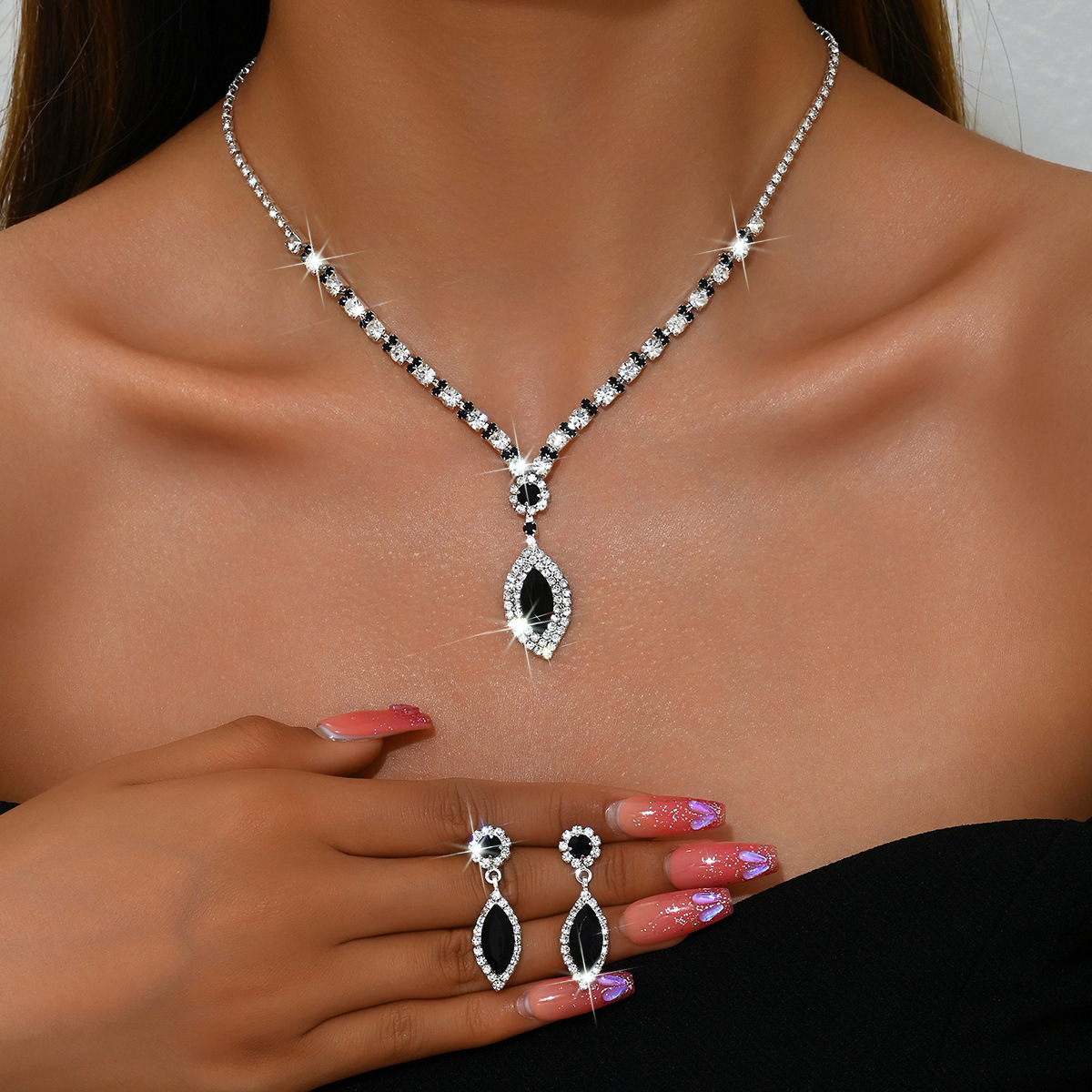 时尚欧美跨境新娘套装结婚饰品叶形吊坠项链耳环简约套装礼服配饰