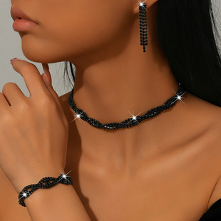 欧美跨境热销女士项链手饰耳环婚礼首饰三件套装黑色水钻晚会晚宴