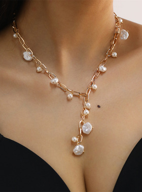欧美跨境饰品异性珍珠项链圆片吊坠多层叠戴女项链饰品配饰首饰品