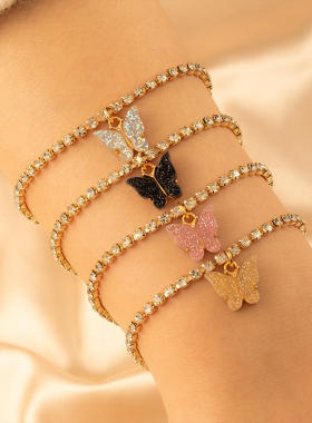跨境欧美饰品 ins潮流行爪链闪亮手环脚饰满钻蝴蝶手链