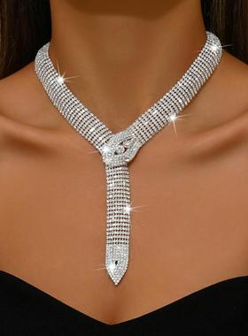 欧美新款配饰个性夸张满钻项链 时尚长款蛇形颈链蛇骨链necklaces