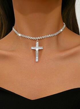 新款镶钻拼接项链欧美夸张设计感choker十字架颈链小众个性ins女