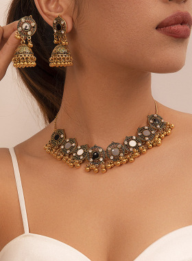 跨境欧美饰品滴油金属水钻夸张时尚个性项链耳环套装女首饰气质