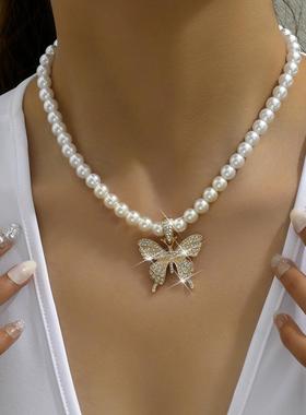 欧美跨境饰品 仿珍珠蝴蝶合金银色/金色项链女式服装配饰项链晚宴