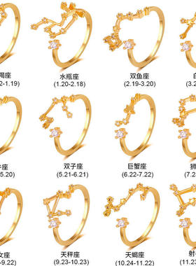 新款十二星座戒指复古潮流开口个性时尚学生闺蜜指环女戒指首饰女
