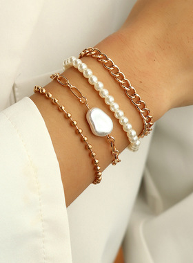 欧美跨境创意饰品个性夸张混搭珍珠链手饰时尚简约套装手链首饰女
