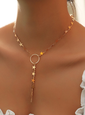 跨境欧美饰品 气质星星带钻流苏手工项链 森系锁骨链个性配饰首饰