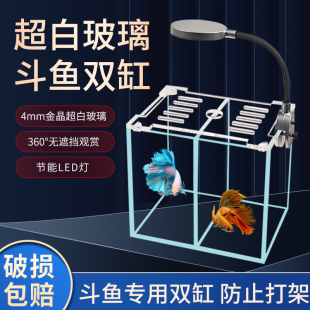 超白斗鱼缸泰国斗鱼专用黑胶双缸高清金晶超白玻璃小型桌面水族