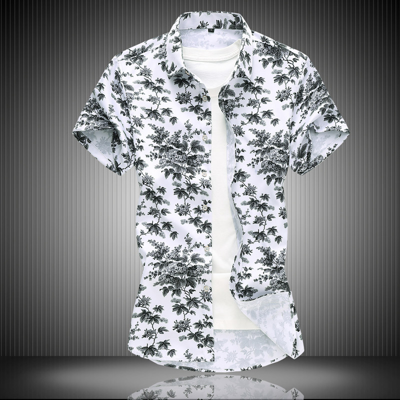 2023新款男短袖花衬衫加肥加大码休闲韩版花色修身男衬衫7071p50，男装衬衫，星座1507