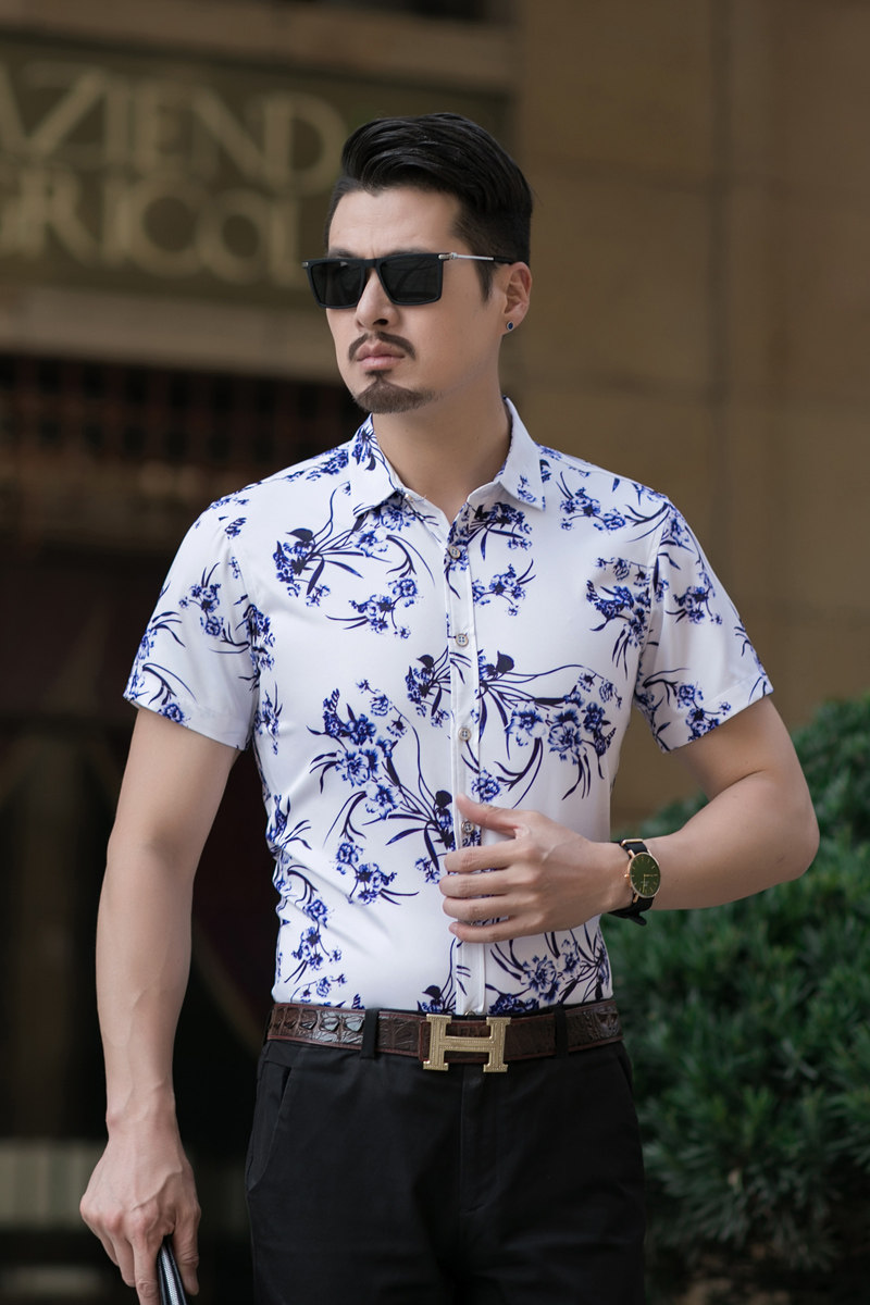 2026男装短袖花衬衫夏季潮男数码印花加肥大码短袖衬衫C7031p45,男装衬衫,星座1507