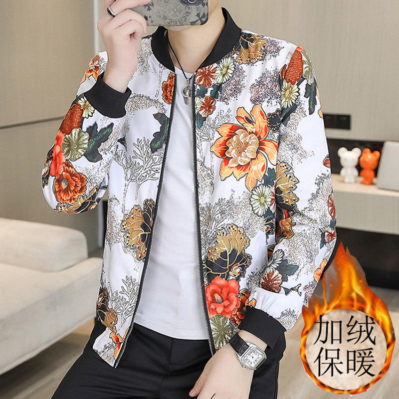 秋冬新款男士加绒加厚花纹时尚休闲修身棒球领夹克男外套9981p75图片